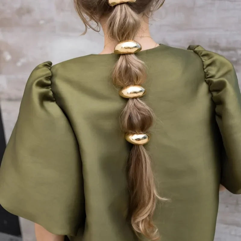 Solid Satin Women's Blouse Top With Pouf Balloon Sleeve O Neck Loose Blouses