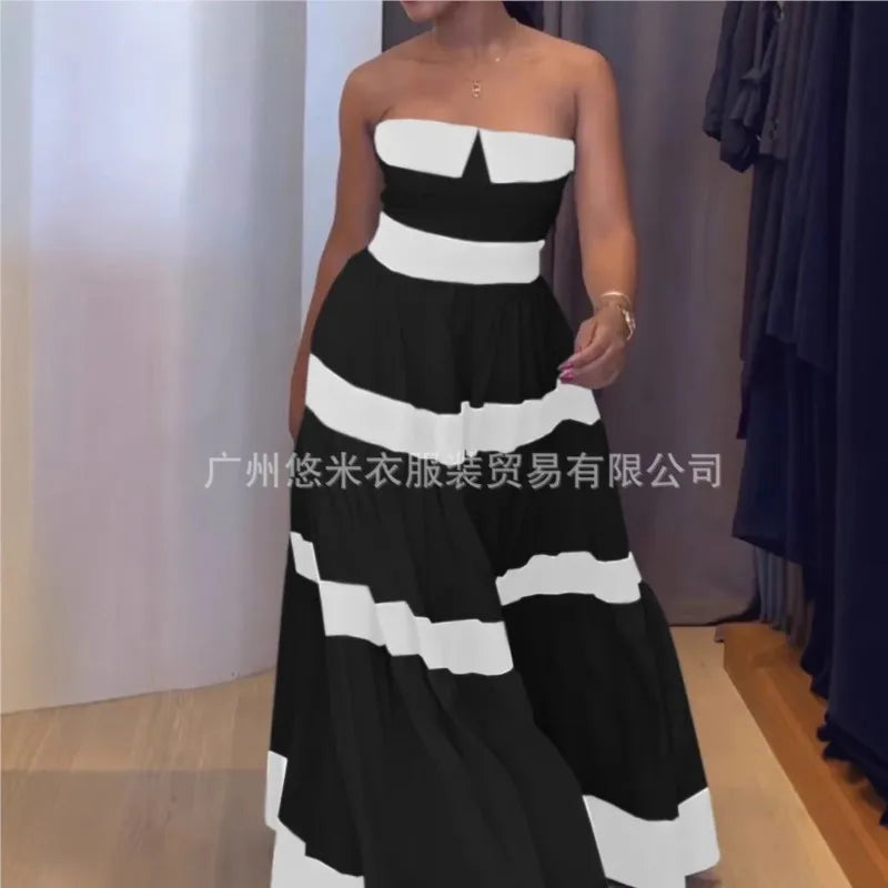 Women Fashion New Elegant Long Dress Patchwork Bowknot Strapless Sleeveless Backless High Waist Stripes Long Dress Party Female