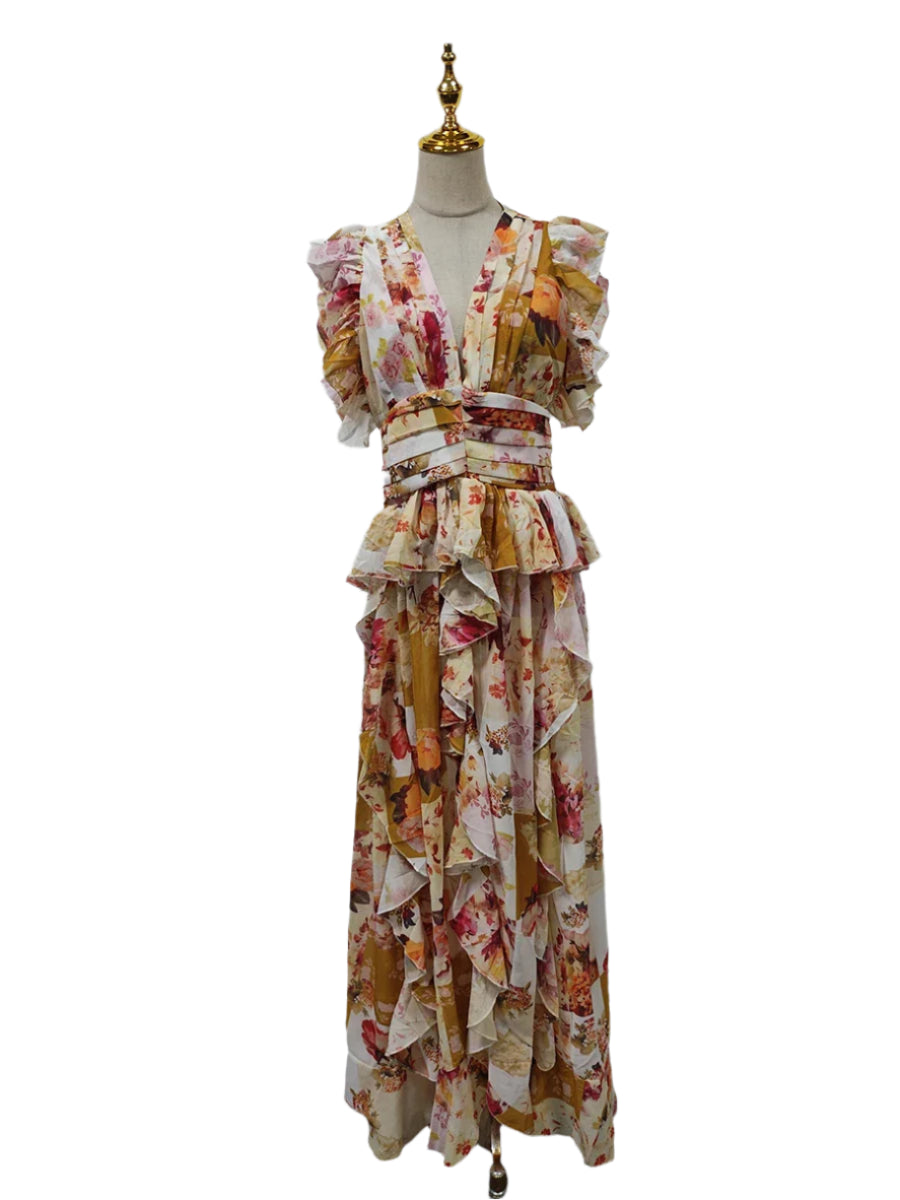 Maxi Dress for Women V Neck Sleeveless High Waist Patchwork Ruffles Edge French Sexy Printed Dress