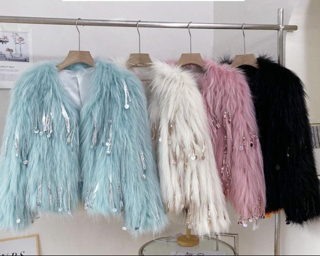 Faux Fur Grass Sequined Tassels Coat Women's Short Beaded Fringed Bomber Jacket