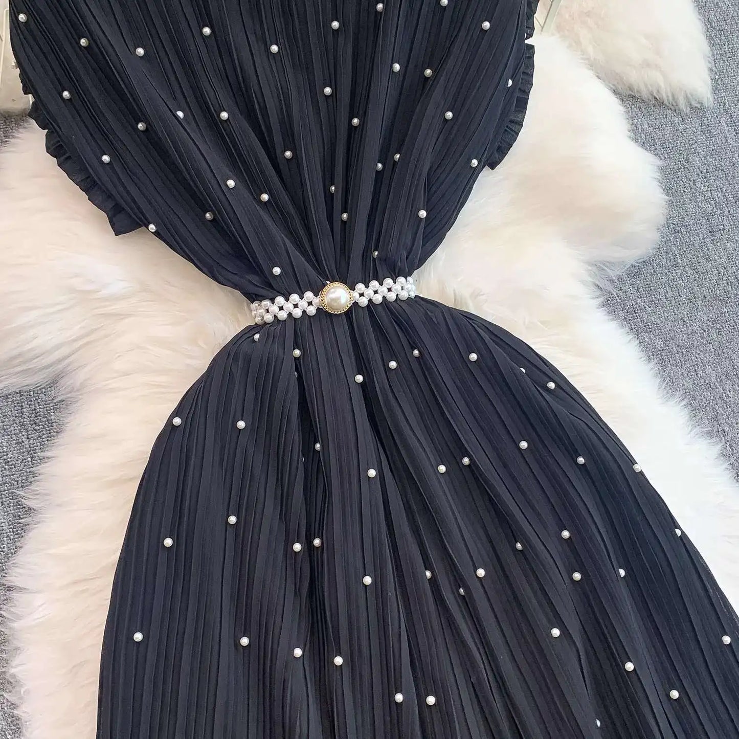 Summer Luxury Pearls Long Chiffon Dress For Women Loose Big Size Short Sleeve Crystal Birthday Evening Midi Pleated Dresses