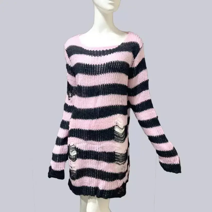 Punk Gothic Long Sweater Women Striped Broken Jumper