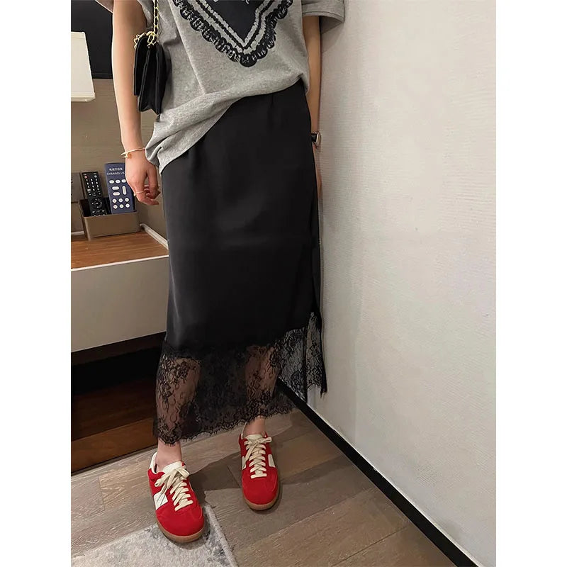 High Quality Lace Splicing Skirt for Women Commute Midi Skirt