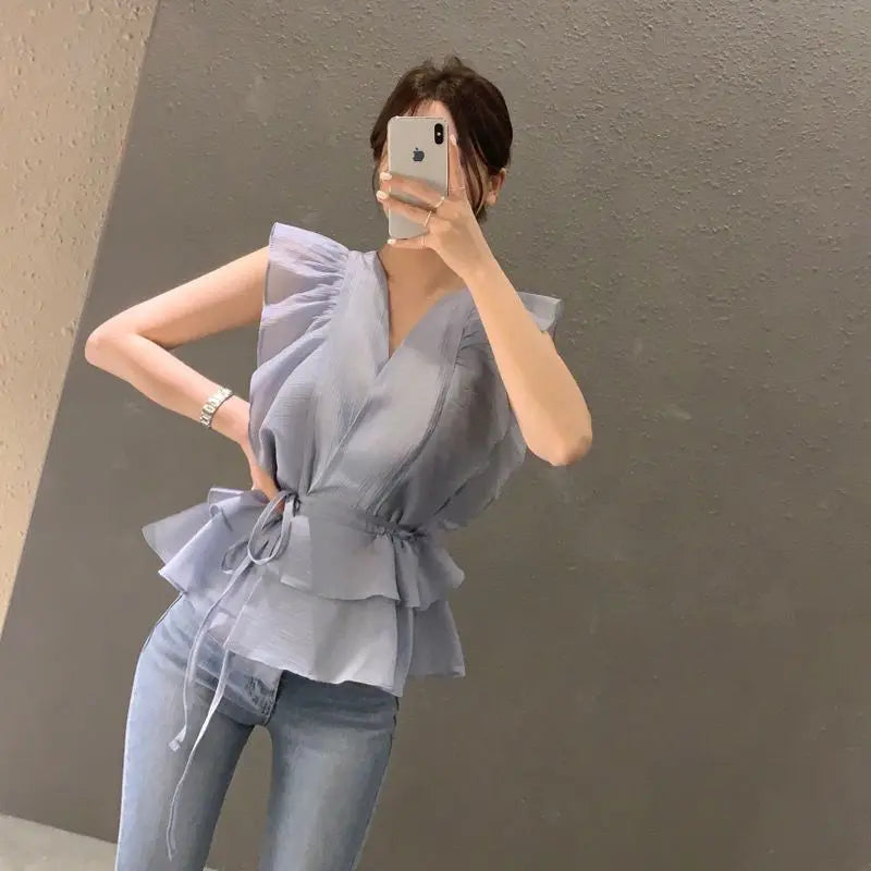 Lace Up Top Ruffled V-neck Sleeveless Shirts Blouse for Women