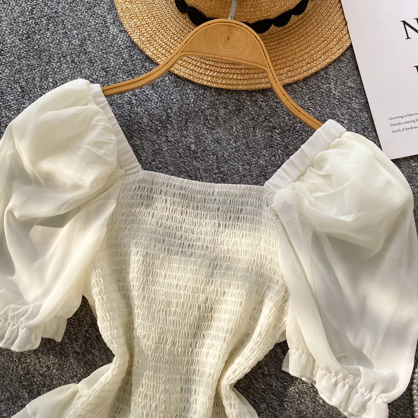 French Style Chiffon Blouse Square Neck Short Sleeves Ruffles Lace Up Beach Top
