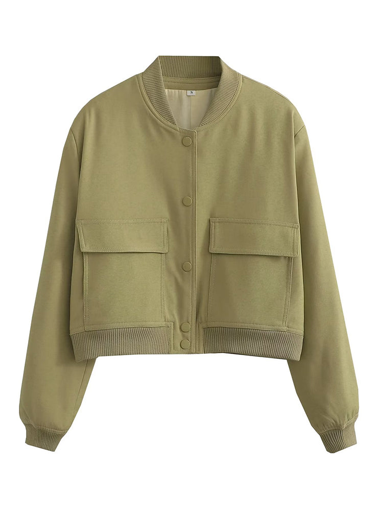 Solid Bomber Jackets Coat With Pockets V-Neck Single Breasted Long Sleeves Jacket