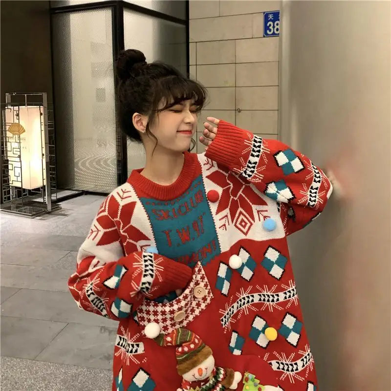 Knitted Pullover Loose Lazy Contrasting Colors Winter Sweater Christmas Sweater