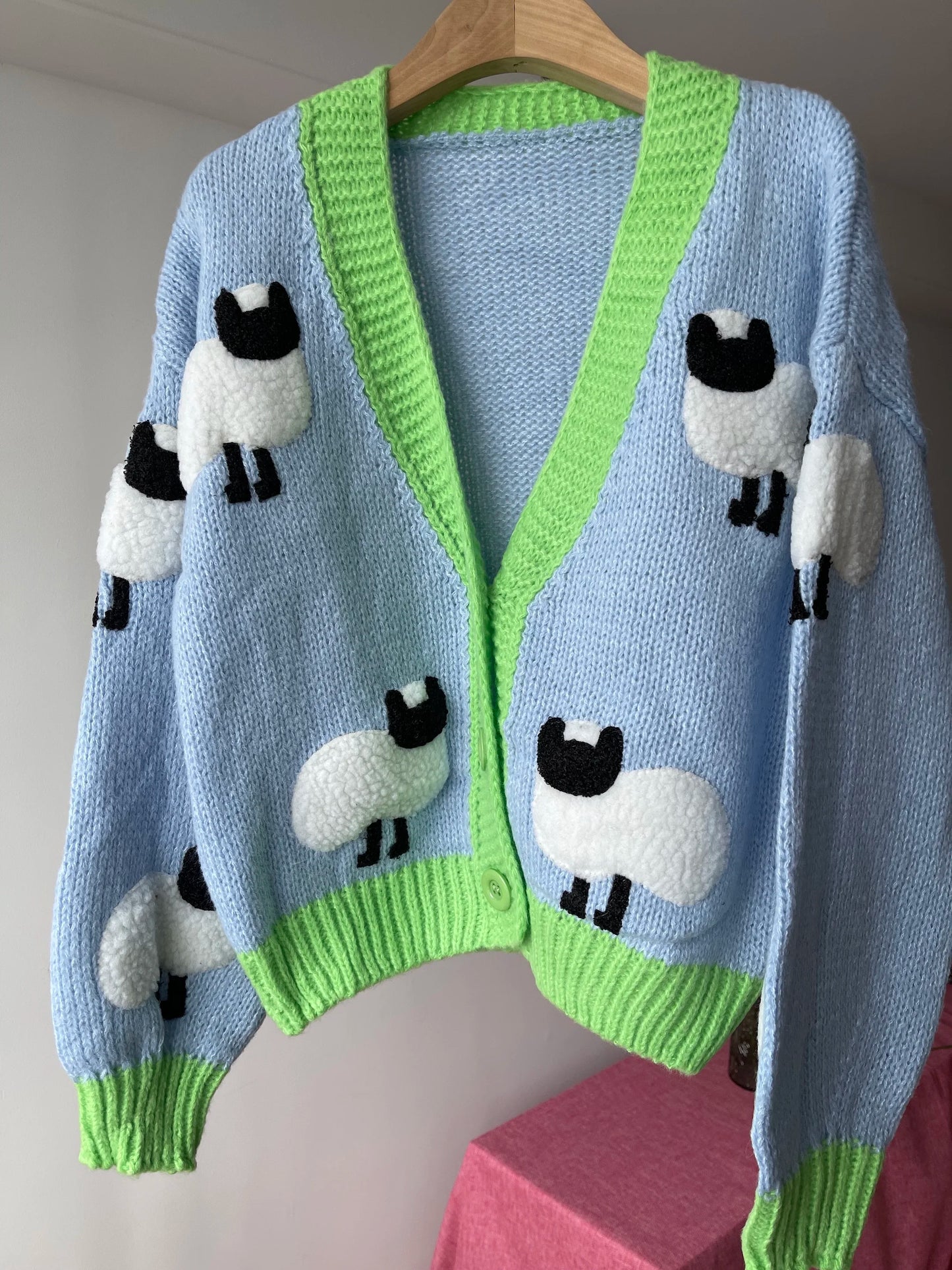 Sheep Pattern Crochet Chunky Knit Cardigan Cute Cartoon V Neck Sweater