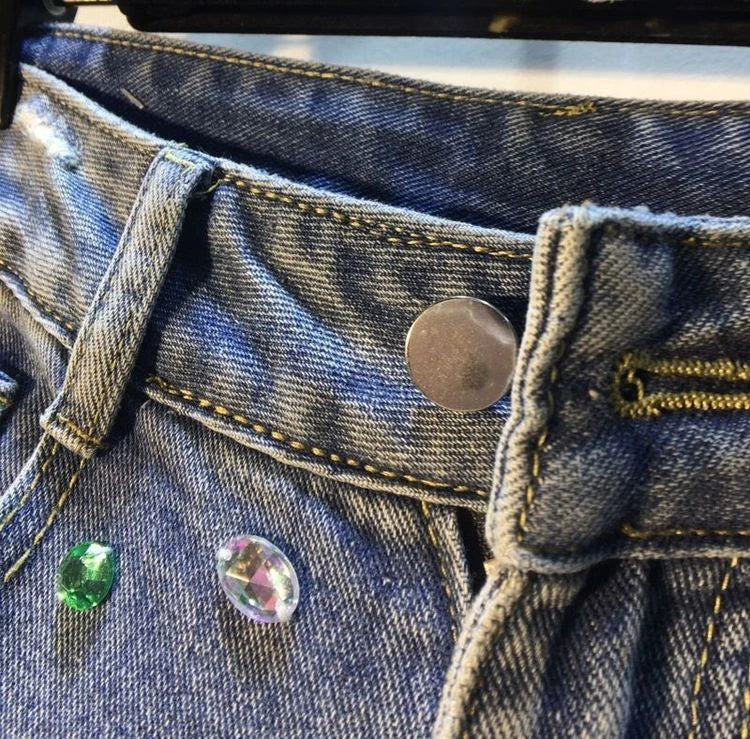 Diamond Beaded Denim Knee Length Shorts Summer Loose High Waist Shorts