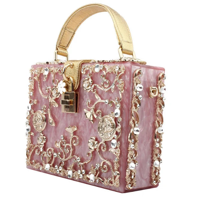 High-Grade Crystal Evening Bag Female New Hollow Out Metal Carved Flower Diamond Handbag