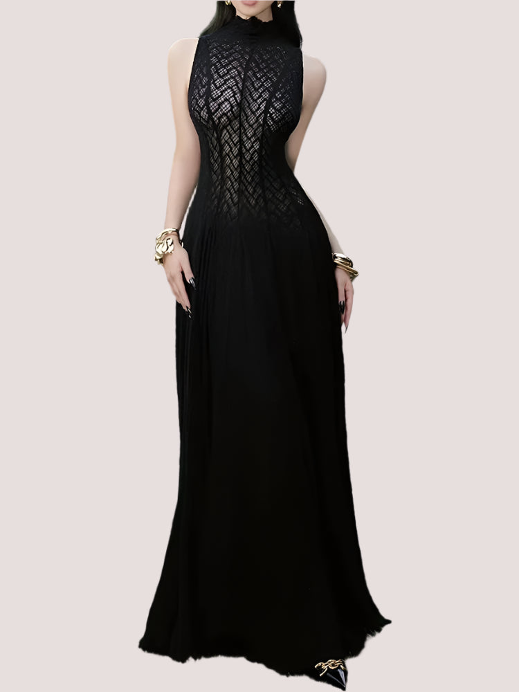 Solid Spliced Appliques Loose Maxi Dress For Women O Neck Sleeveless High Waist Dress