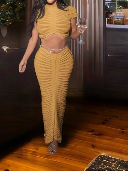 Women Knitted Set Crop Top Long Skirt Crochet Two Pieces Set Hollow Out Crocheted Beach Set Cover Ups