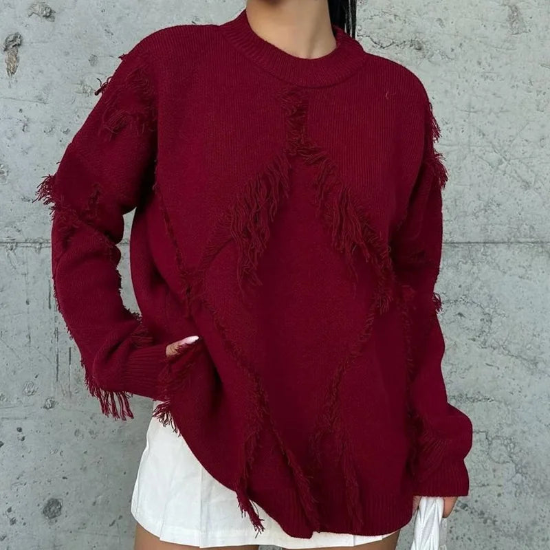 Tassel Oversize Knitted Sweater For Women Autumn Jumpers