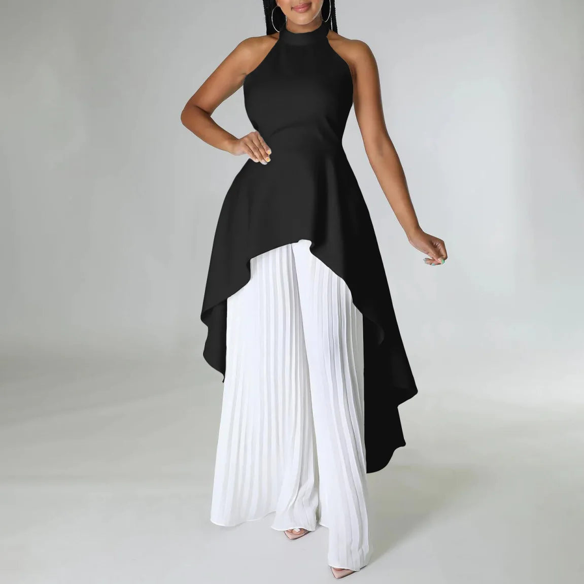 Elegant Two Piece Set Women Outfit Backless Top Hundred Pleated Wide Leg Pants Trousers Suit Summer Office Lady Suit