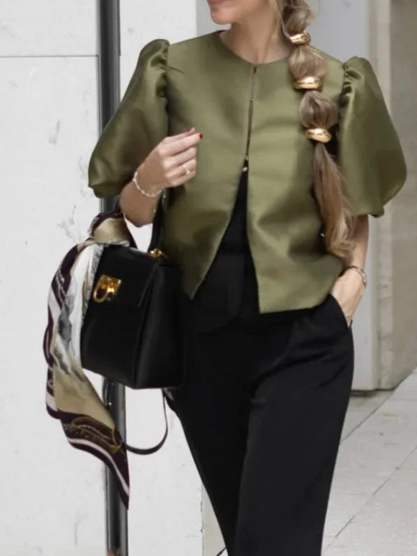 Solid Satin Women's Blouse Top With Pouf Balloon Sleeve O Neck Loose Blouses