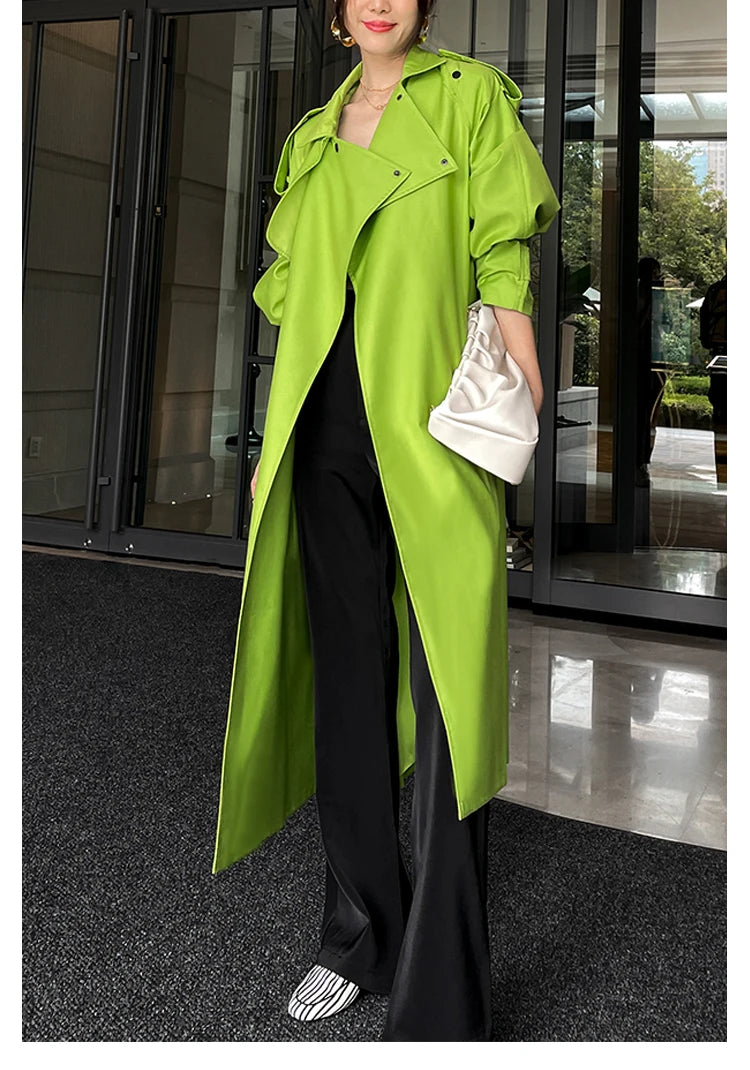 Luxury Long Oversized Bright Green Faux Leather Trench Coat for Women