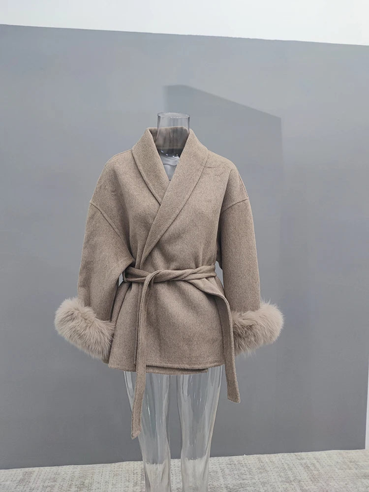 Women Overcoats Fur Patchwork Long Sleeve Woolen Coat