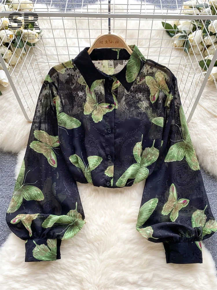 Floral Print Women Shirt Summer Lantern Sleeve Retro French Loose Blouse