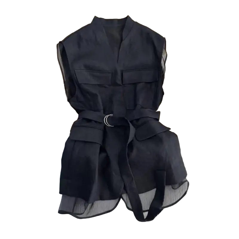 Black Blouse Sleeveless Vest Tops for Women Mesh Patchwork Shirt