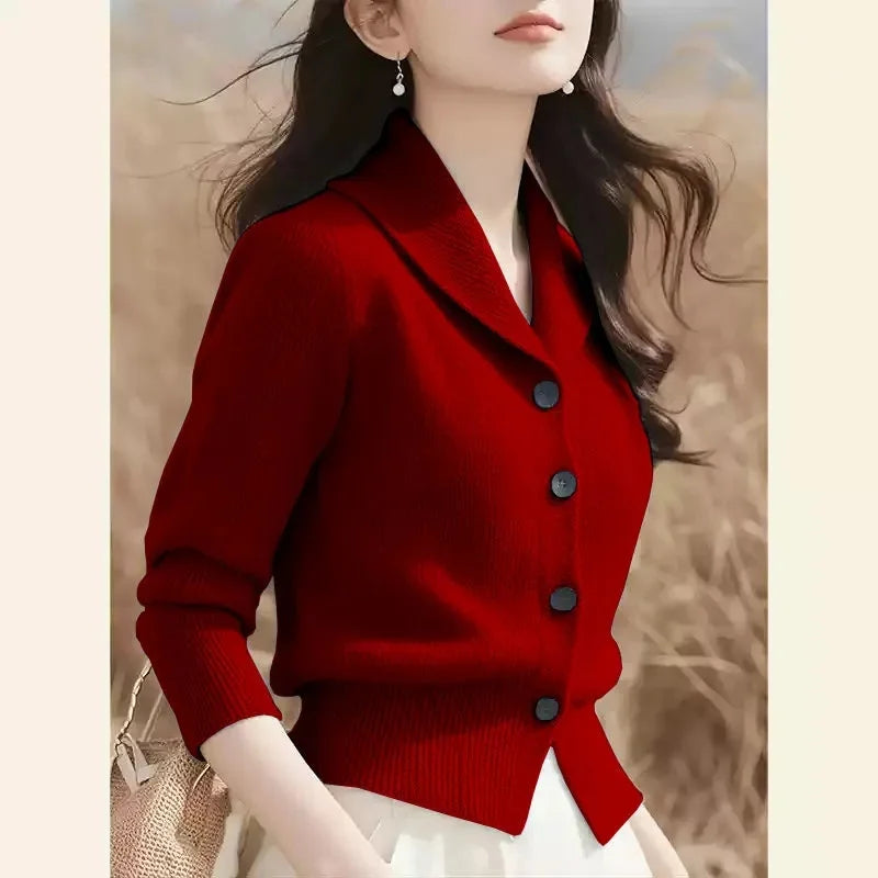Turndown Collar High End Women Knit Cardigan Sweater Korean Knitwear Tops