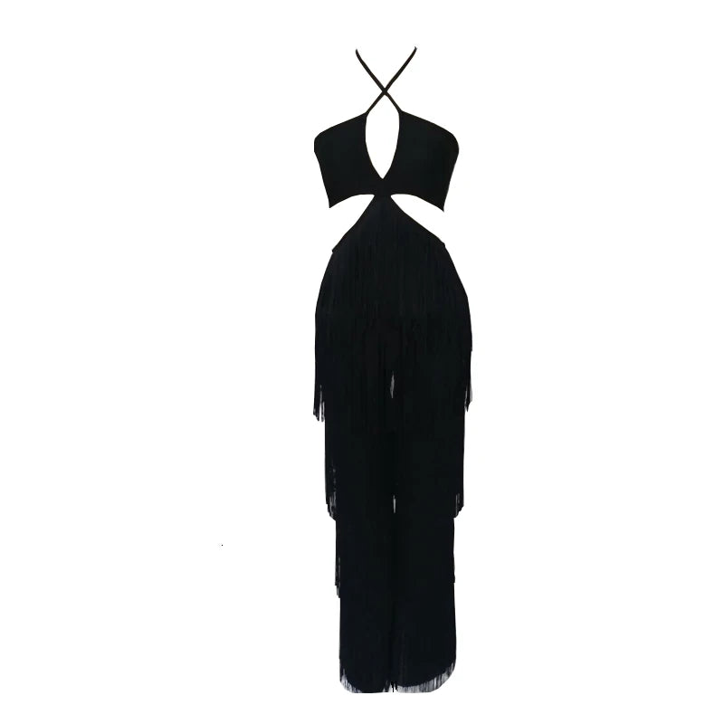 New Women Sexy Tassel Halter Bandage Jumpsuits Elegant Backless Sleeveless Slim Long jumpsuit