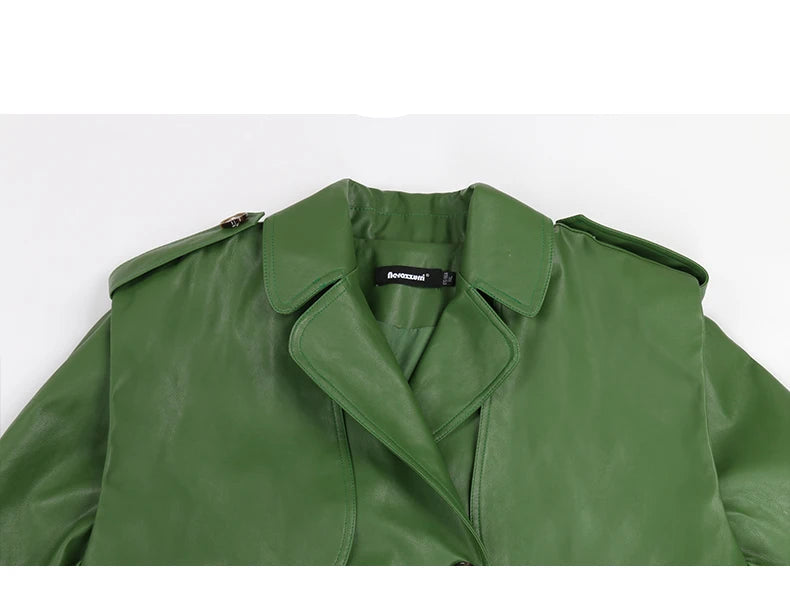 Long Green Pu Leather Trench Coat for Women with Back Slit Sashes Single Breasted