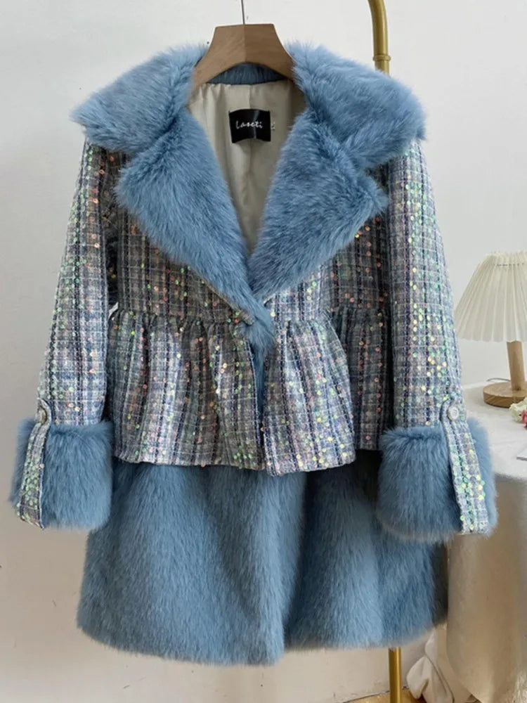 Winter Fur Coat Women Luxury Sequined Wool Faux Fur Long Jacket Fluffy Overcoat
