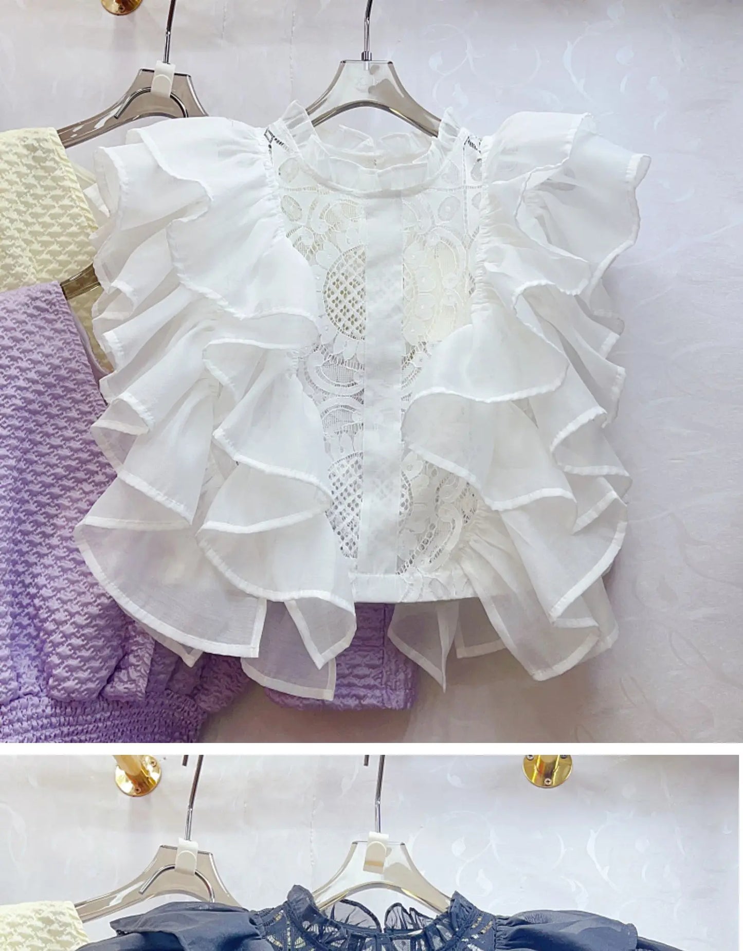 Women Blouse Shirts Stand Collar Y2k Tops Ruffles Lace Sexy Blouses
