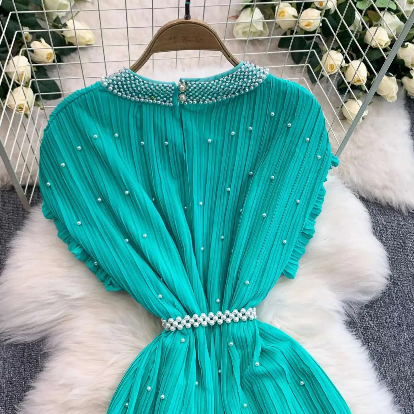 Summer Luxury Pearls Long Chiffon Dress For Women Loose Big Size Short Sleeve Crystal Birthday Evening Midi Pleated Dresses