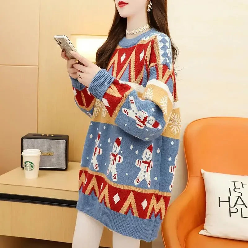 Christmas Sweater Women's Medium-Length Winter Loose-Fit Thickened Knit Pullover