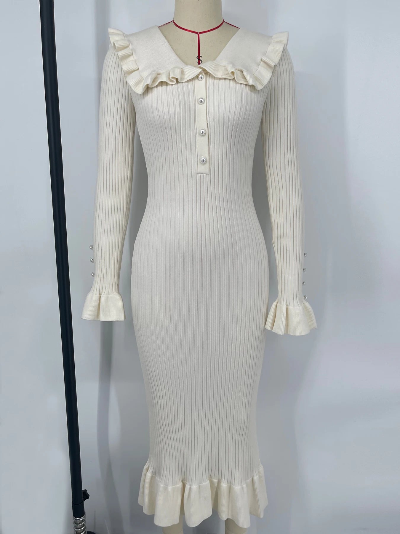 Retro Elegant High Waist Ruffled Maxi Sweater Dresses Knitted Dress