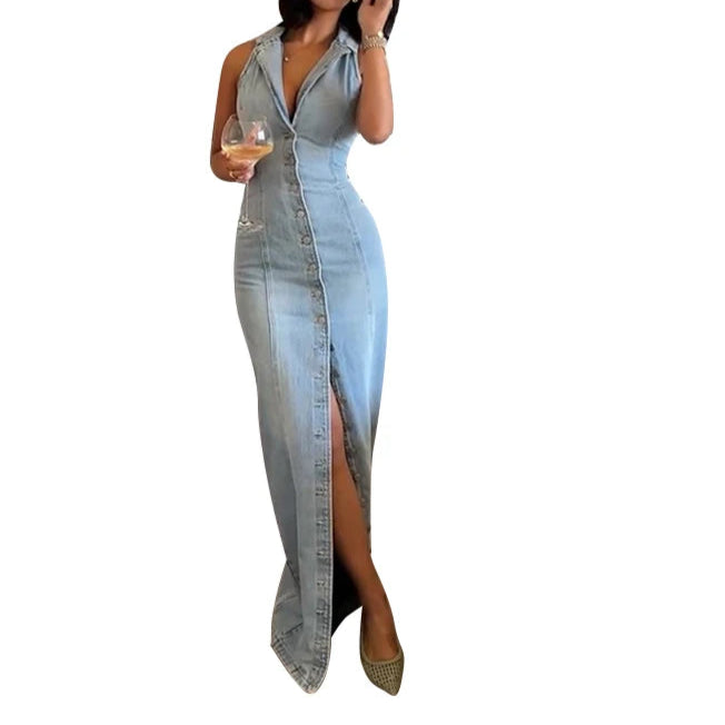 New Women's Sleeveless Denim Lapel Maxi Dresses With Long-Button