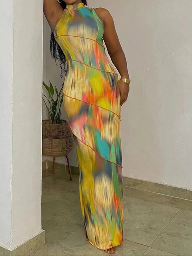 Colorful Print Dress Women Sleeveless Patchwork Skinny Bodycon Dress