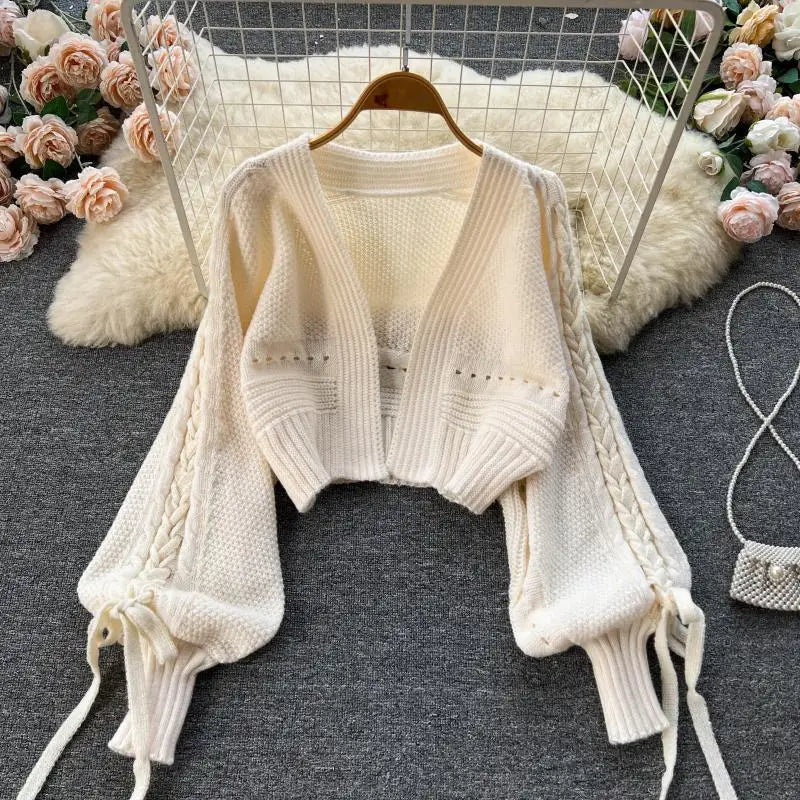 Green Casual Acrylic Knit V-Neck Lantern Long Sleeve Lace Up Women's Cardigan
