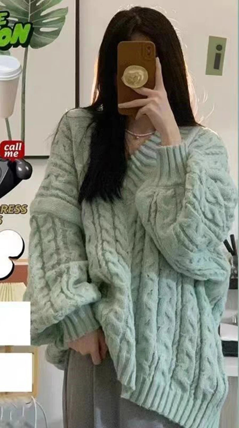 Lantern Sleeve Knit Sweater Women Korean Solid Twist V-Neck Pullover Jumper