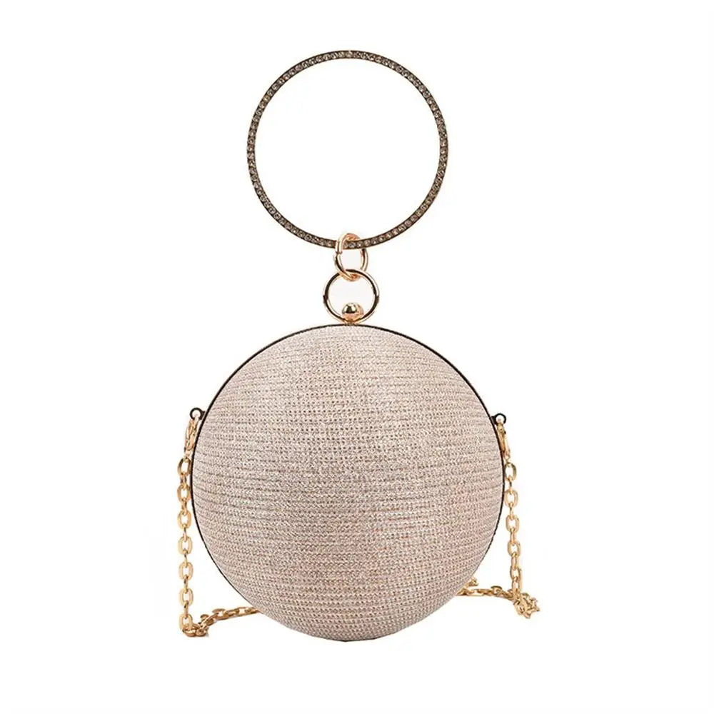 Gold Bright Silk Circular Evening Bag Women Banquet Clutch Rhinestone Chain Shoulder Bags