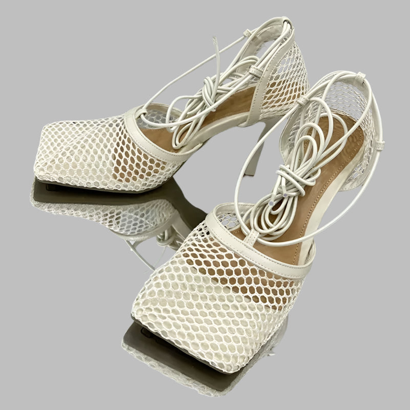Sexy Mesh Pumps Sandals Female Square Toe High Heel Lace Up Cross-Tied Dress Shoes