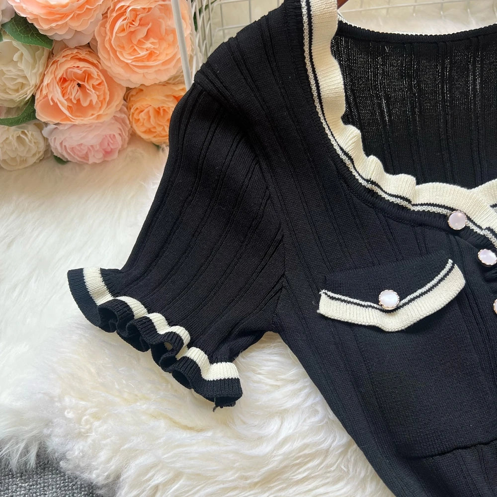 Chic Knitted Mini Dress Elegant Black Ruffled Party Dress