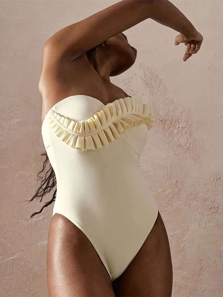 One-Piece Swimsuit Solid Bathing Suit Vacation Beachwear Ruffle Swimming Suit