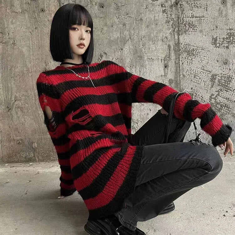 Punk Gothic Long Sweater Women Striped Broken Jumper