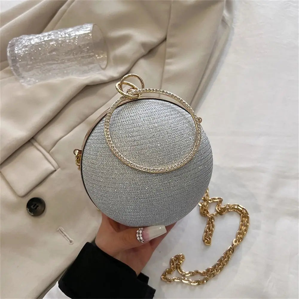 Gold Bright Silk Circular Evening Bag Women Banquet Clutch Rhinestone Chain Shoulder Bags