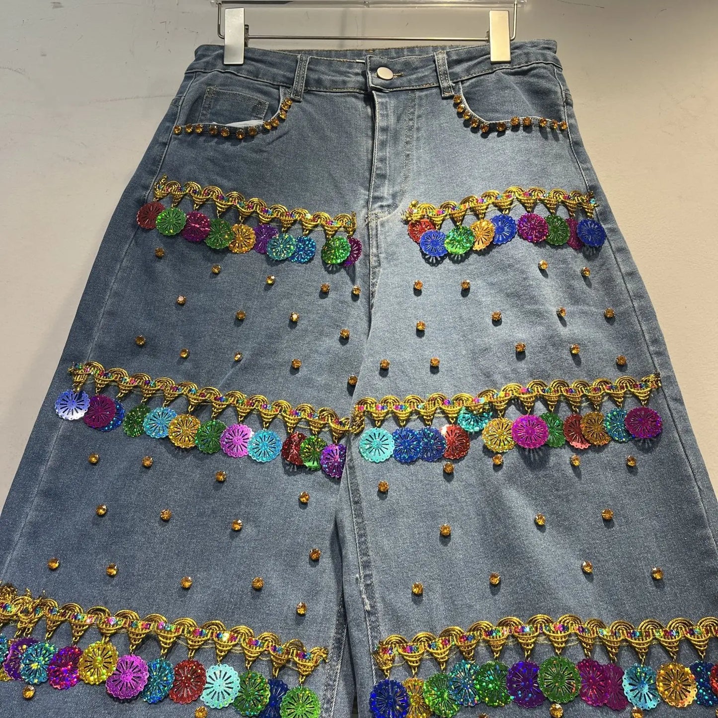 Sequined Denim Rhinestones Jeans Sleeveless Cowboy Vest + Jeans Pants