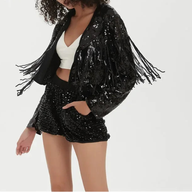 New Long Sleeve Sequin Tassel Patchwork Coat Cardigan Jacket