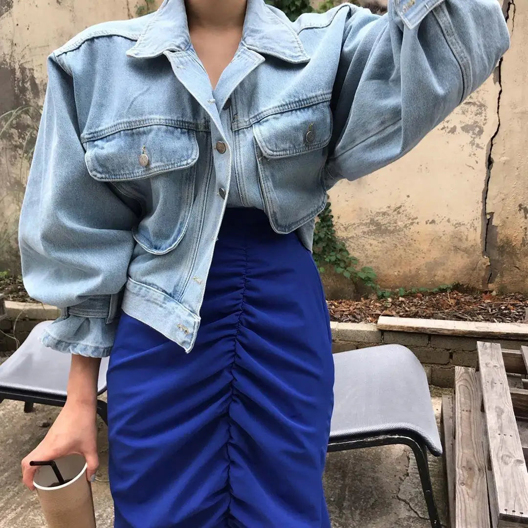 Denim Coats Jackets Women Puff Long Sleeve Y2k Clothes Cropped Jacket