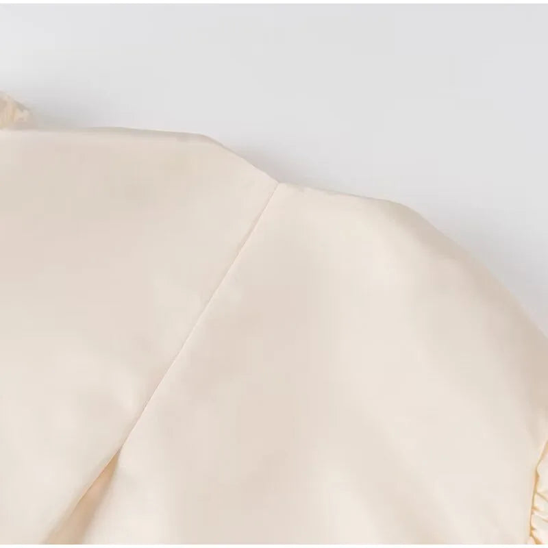Solid Satin Women's Blouse Top With Pouf Balloon Sleeve O Neck Loose Blouses