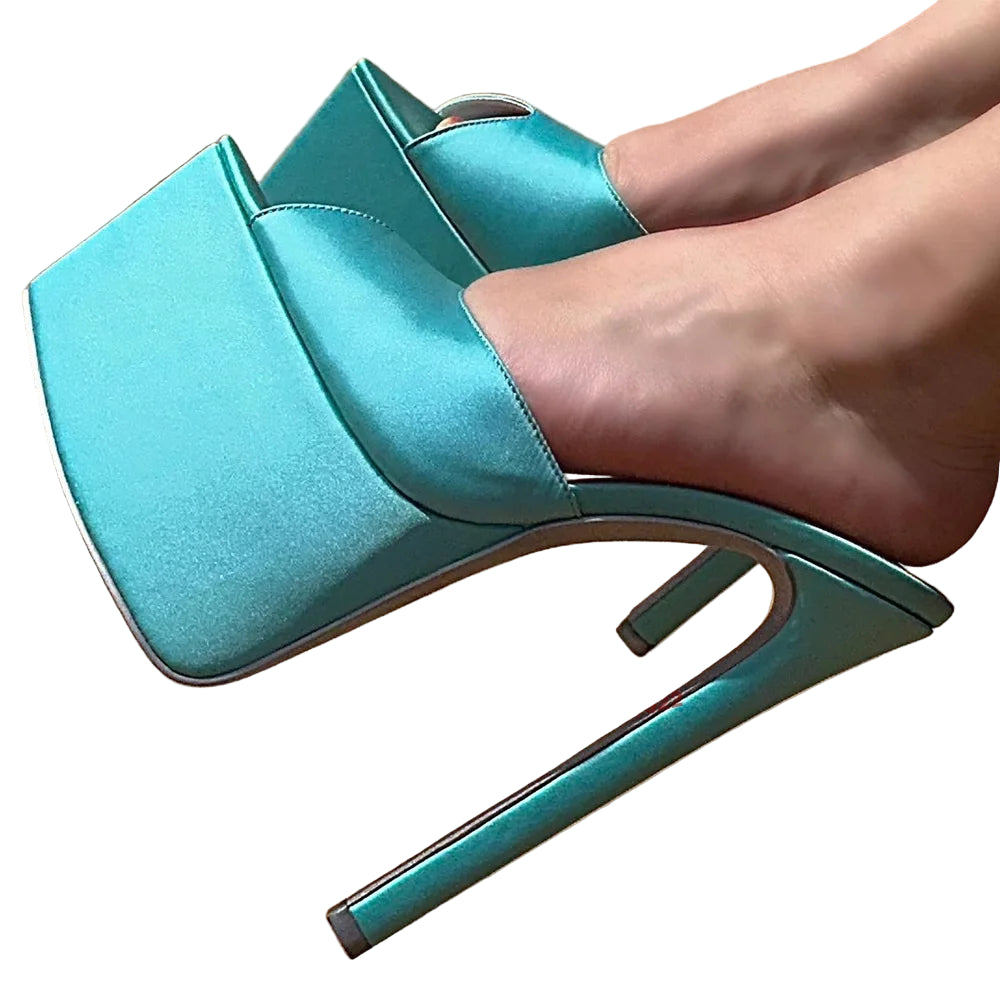Denim Blue Platform Slippers Pointy Toe Stiletto Solid Mules