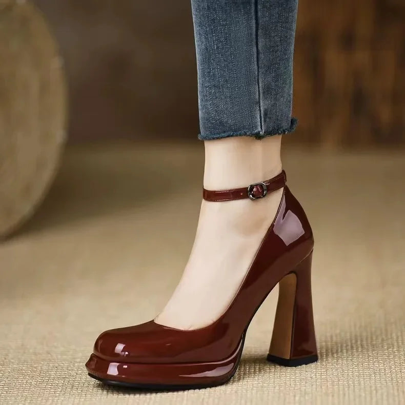 Thick Bottom High Heels for Women Solid Ankle Buckle Elegant Heeled Shoes