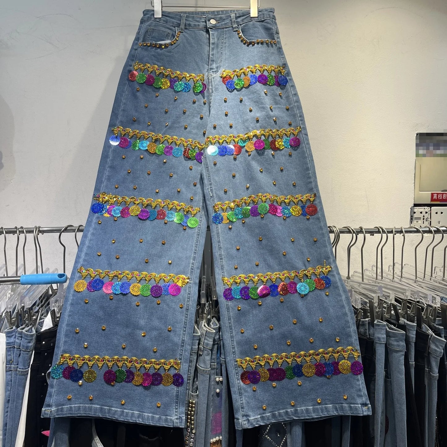 Sequined Denim Rhinestones Jeans Sleeveless Cowboy Vest + Jeans Pants