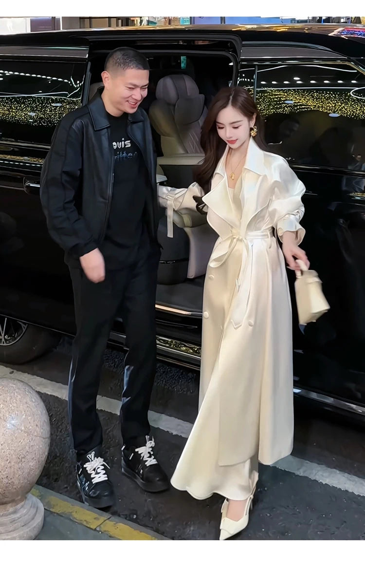 Long Flowy Shiny White Trench Coat for Women Double Breasted Design