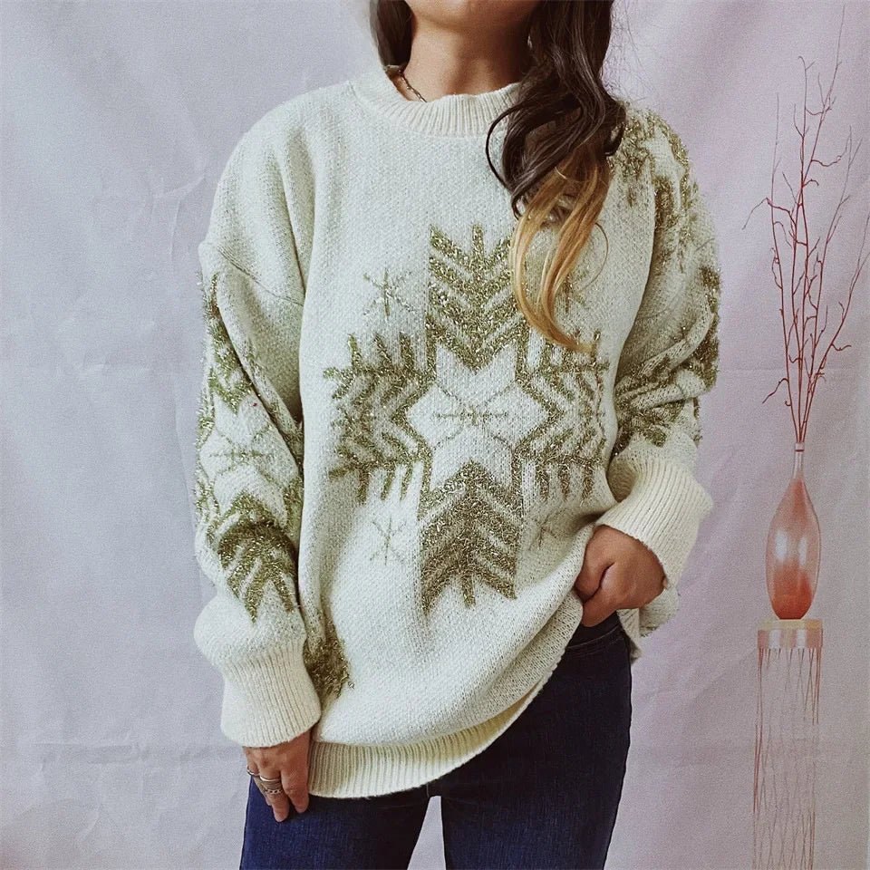 Loose-fit Line Big Snowflake Christmas Sweater Women's Pullover Thickened Crew Neck Sweater